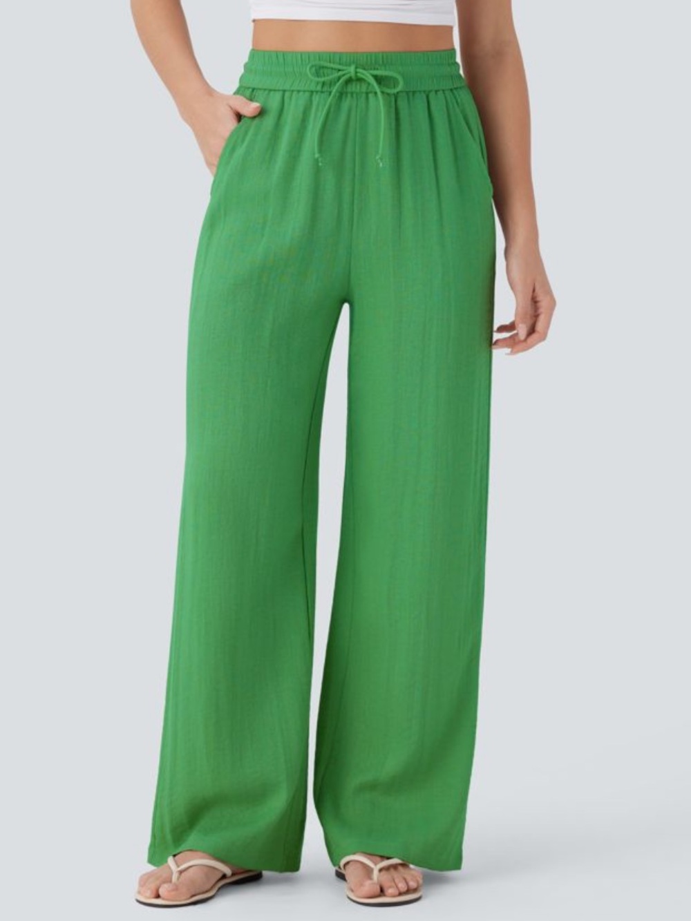 NWT High Waisted Drawstring Pocket Wide Leg Baggy Casual Linen-Feel Pants Sz L